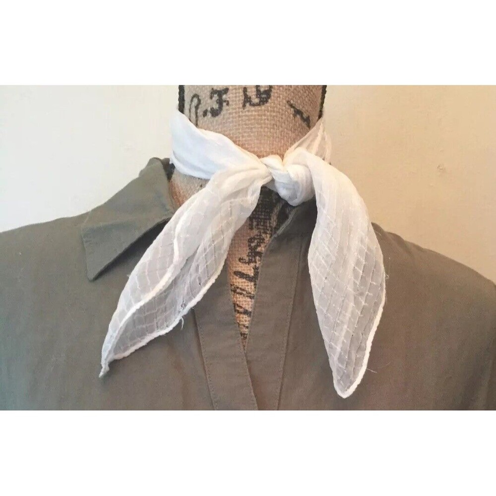 White Hand Rolled SQUARE SCARF Vintage Metallic Neckerchief Retro Wrap Tie FS